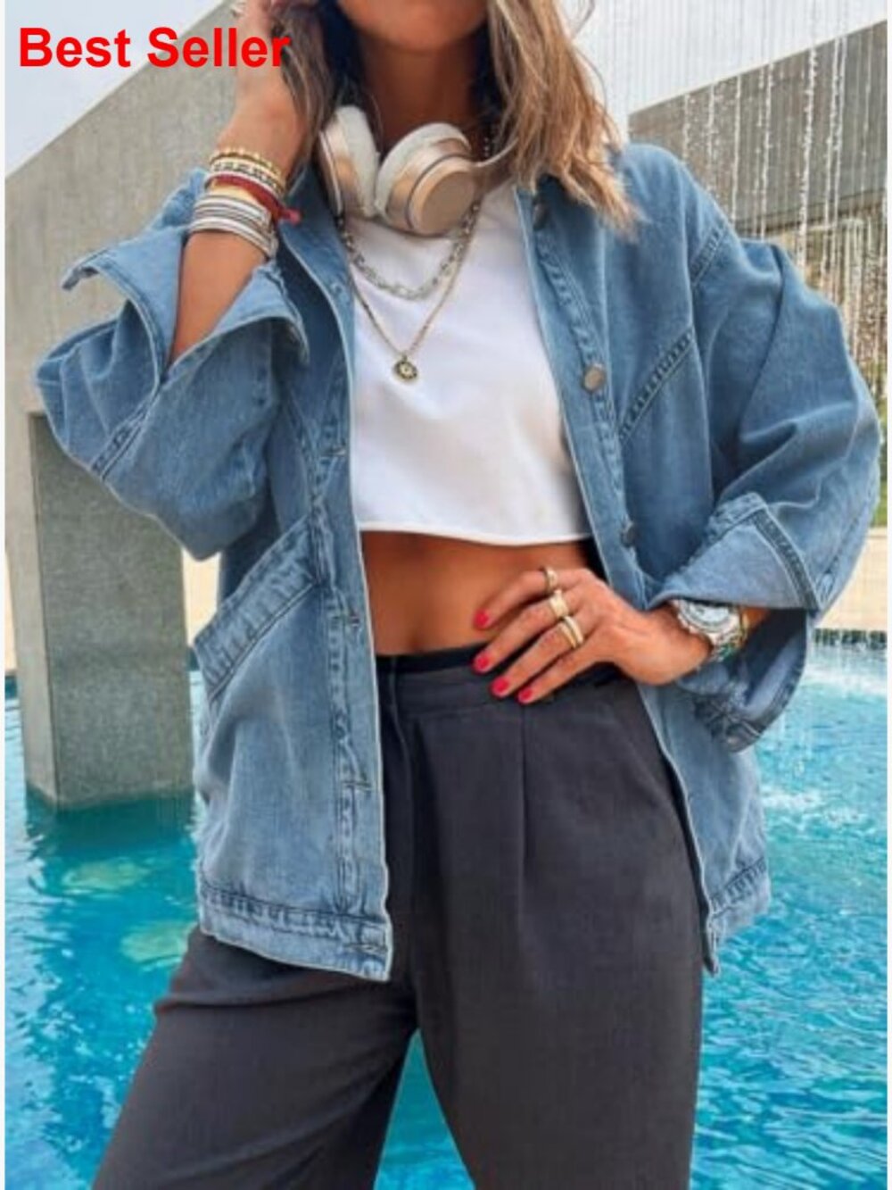 Oversized Distressed Denim Jacket Button Down Long Sleeve Pockets - Picture 6 of 6